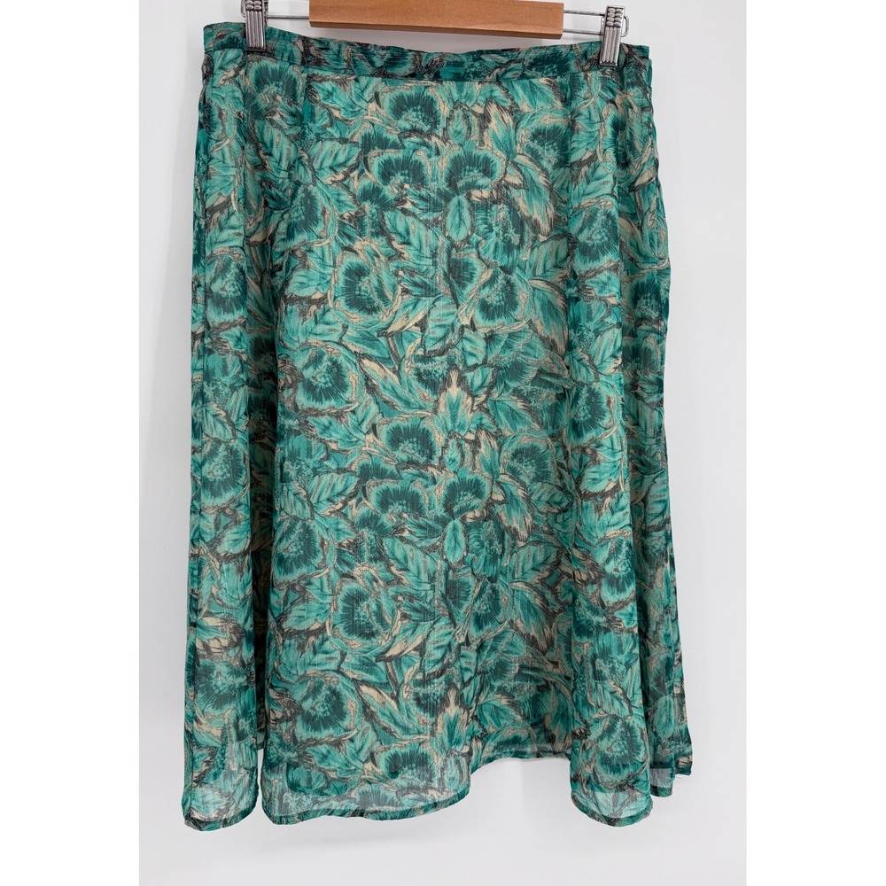 Jaclyn Smith Womens Teal Green Floral Midi‎ Skirt Shimmer A-Line Side Zip Sz L